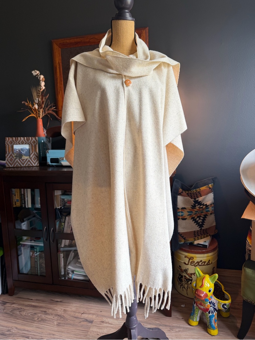 Cream Hooded Fringe Throw Cape Poncho